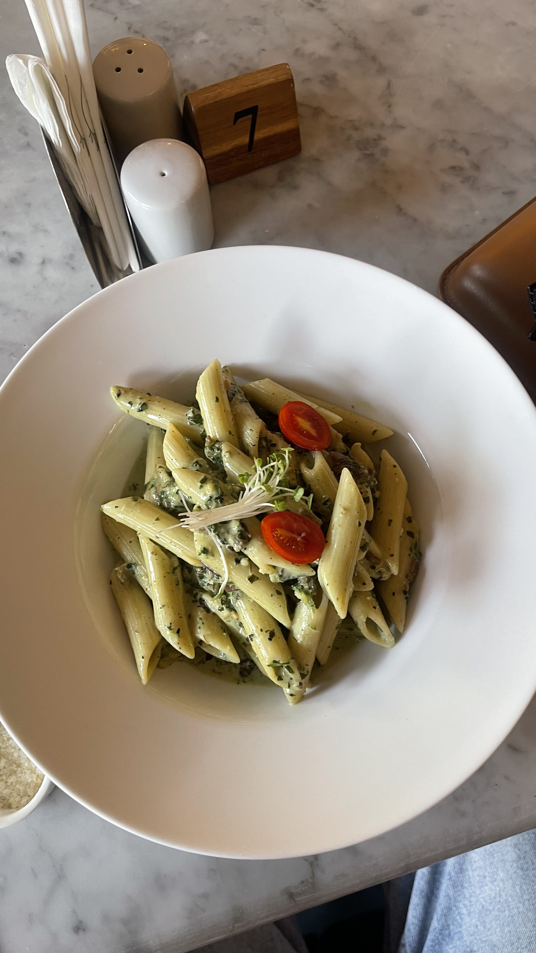 Lantees' Penne Pasta, Homemade Fresh Pesto, Cream, with added smoked beef.